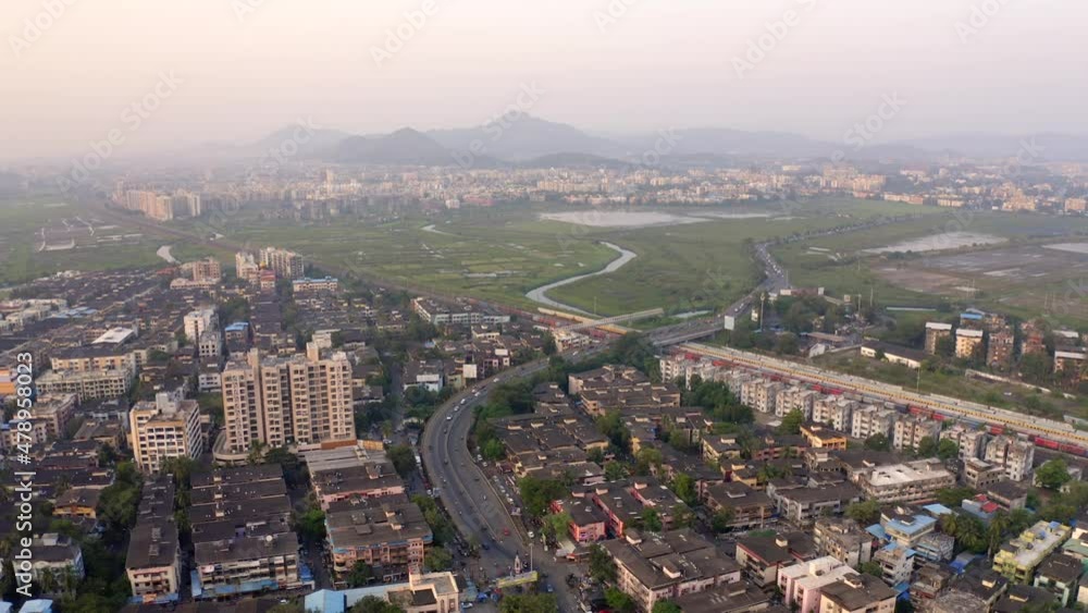 Cityscape of Suburban Vasai Near Mumbai, India - aerial drone shot Cityscape of Suburban Vasai Near Mumbai, India - aerial drone shot