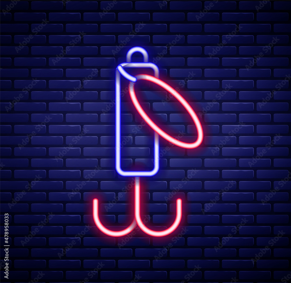 Glowing neon line Fishing lure icon isolated on brick wall background. Fishing tackle. Colorful outline concept. Vector Glowing neon line Fishing lure icon isolated on brick wall background. Fishing tackle. Colorful outline concept. Vector