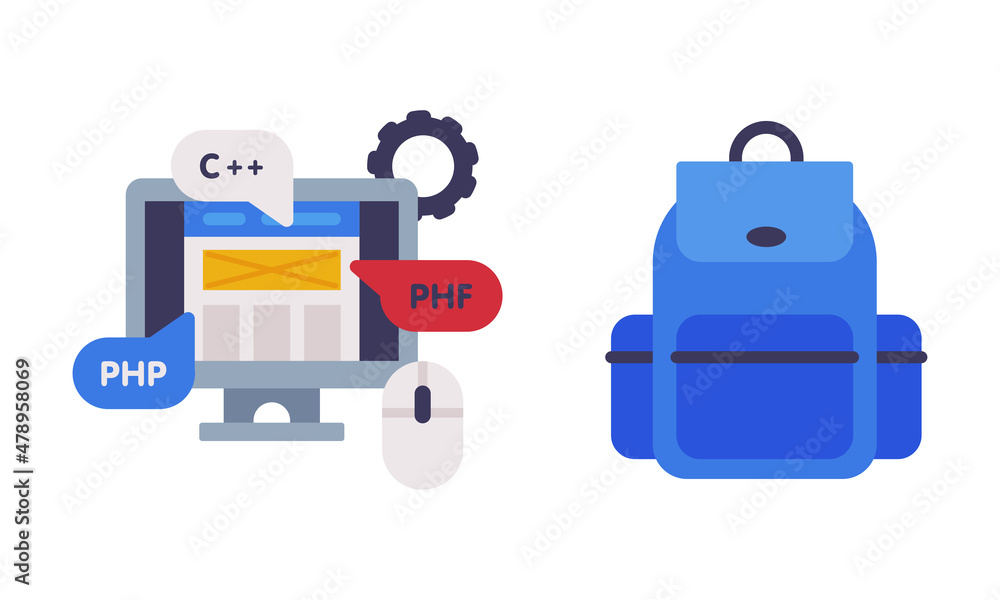 Computer Screen with Code and Blue Backpack as School Education Object Vector Set Computer Screen with Code and Blue Backpack as School Education Object Vector Set