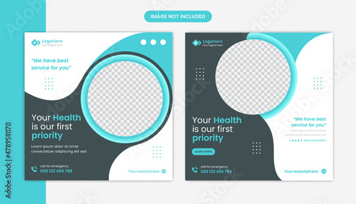 Creative medical social media post design set, green healthcare, clinic, dental service banner layout bundle 