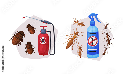 Pest Control with Chemical in Bottle and Ants Vector Set