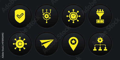 Set Copywriting network, Lead management, Paper plane, Location with star, Clock and gear and Algorithm icon. Vector