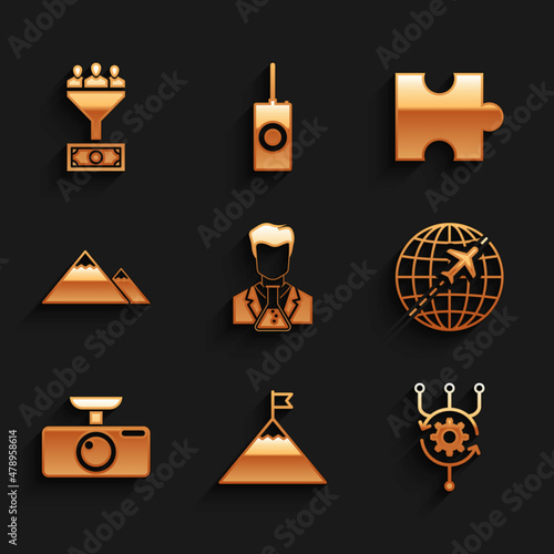 Set Scientist and test tube, Mountains flag, Algorithm, Globe with flying plane, Car DVR and icon. Vector