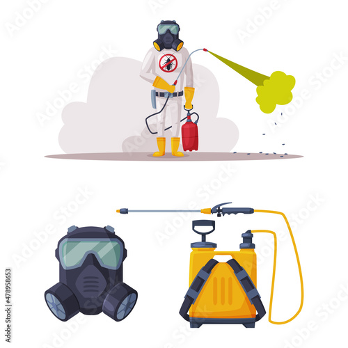 Pest Control Service with Equipped Man in Protective Suit Holding Chemical Cylinder Vector Set