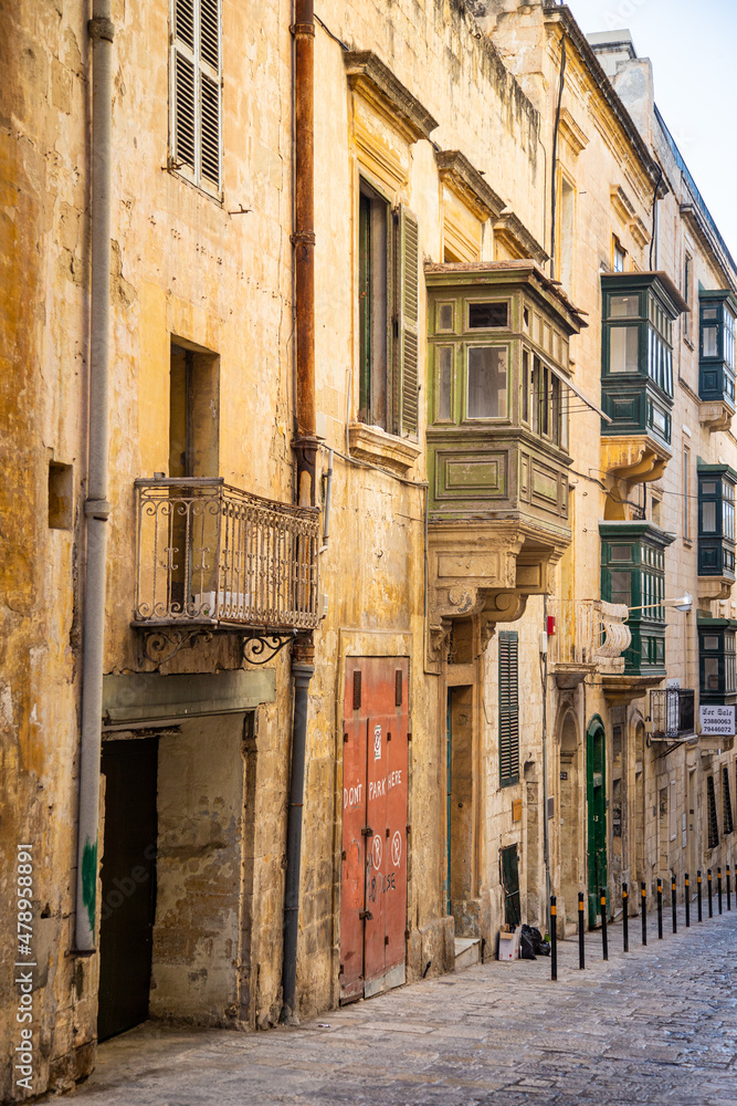 Window boxes in the streets of the old city of Valetta, Malta