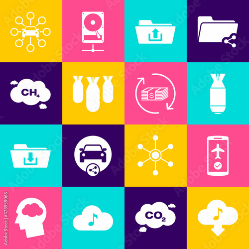 Set Cloud download music, Flight mode in the mobile, Aviation bomb, Folder upload, bombs and Methane emissions reduction icon. Vector