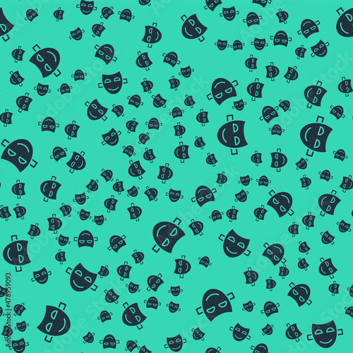 Black Comedy theatrical mask icon isolated seamless pattern on green background. Vector