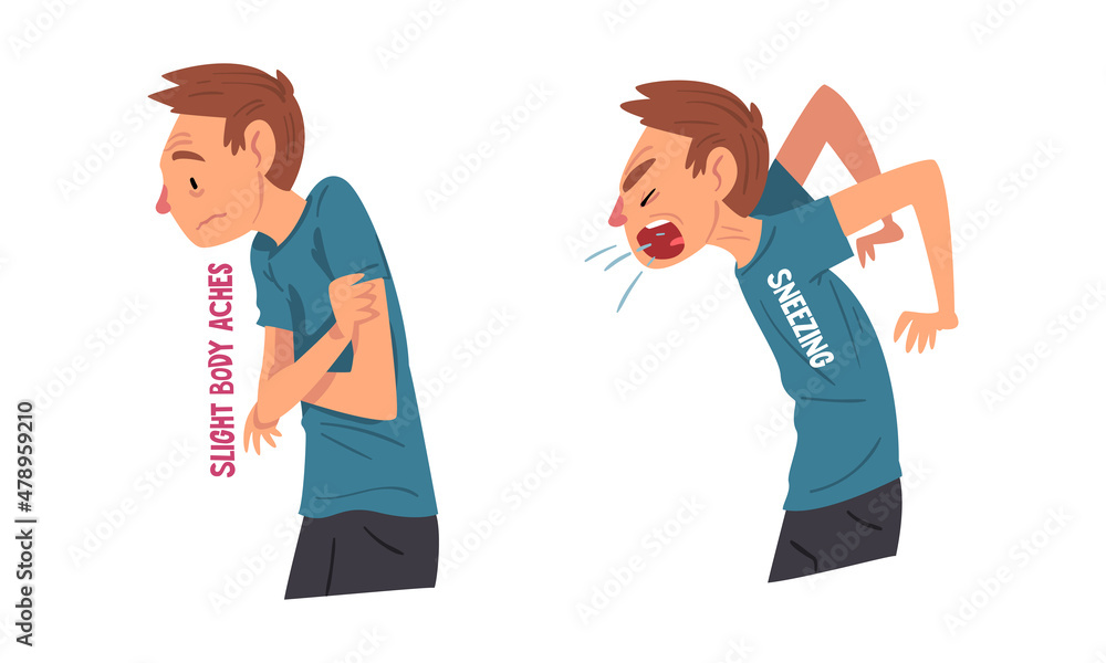 Man Having Cold or Flu Symptom with Sneezing and Slight Body Ache Vector Set Man Having Cold or Flu Symptom with Sneezing and Slight Body Ache Vector Set