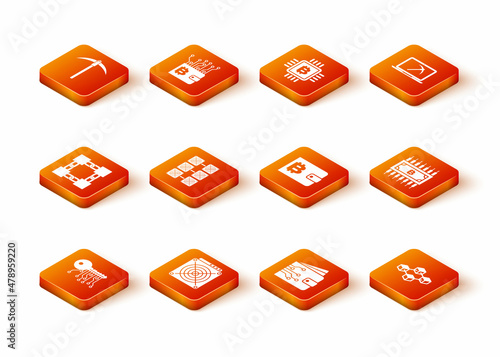 Set Cryptocurrency key, ASIC Miner, Blockchain technology, Mining farm, wallet and icon. Vector