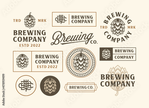 set of vintage Brewing Company hop cone retro labels vector illustration.
