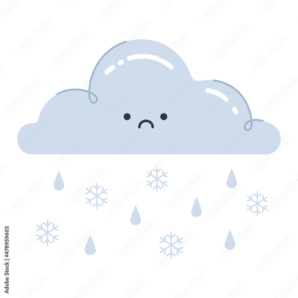Sad cloud with falling rain drops and snowflakes. Colored flat cartoon vector illustration isolated on white background Sad cloud with falling rain drops and snowflakes. Colored flat cartoon vector illustration isolated on white background