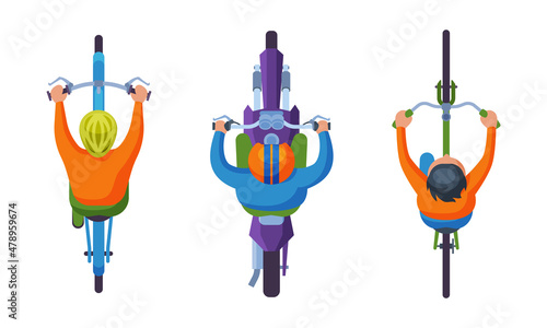 People Driving Motorbike and Riding Bicycle Holding Handlebar Above View Vector Set