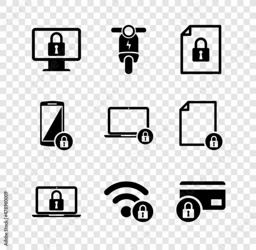 Set Lock on monitor, Electric scooter, Document and lock, Laptop, Wifi locked and Credit card with icon. Vector