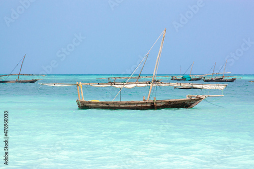 Traditional wooden boats in the Indian ocean. Zanzibar, Tanzania