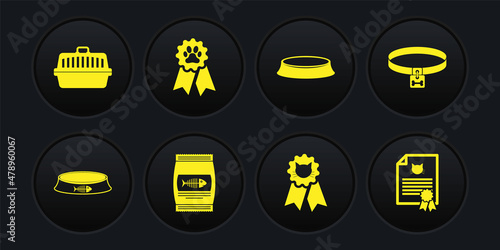 Set Pet food bowl, Dog collar, Bag of for cat, Cat award symbol, and icon. Vector