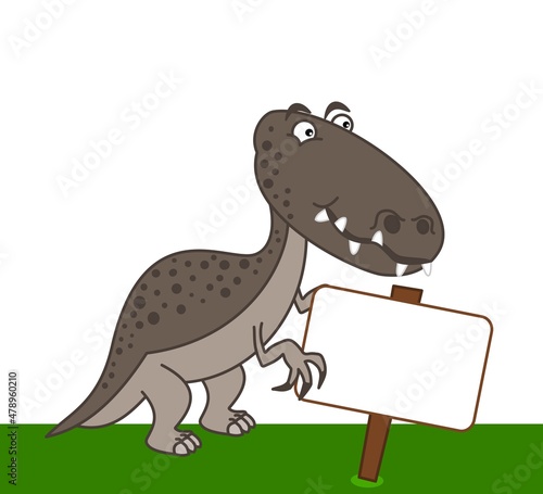 Carnivorous dinosaur with sharp teeth and holding a sign on the grass 