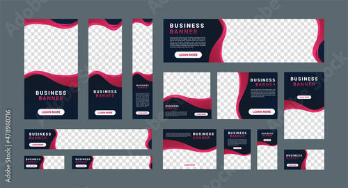 Set of creative modern business ad banner with a place for photos. Business brochure flyer design. Vertical, horizontal and square template. Illustration vector