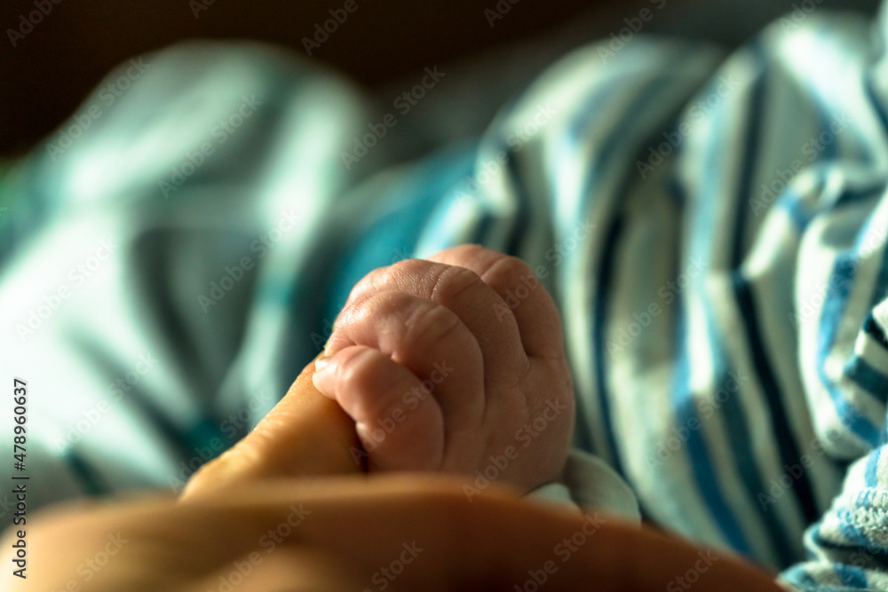 Kleine Hand eines Neugeborenen hält sich an einem Finger des Vaters fest