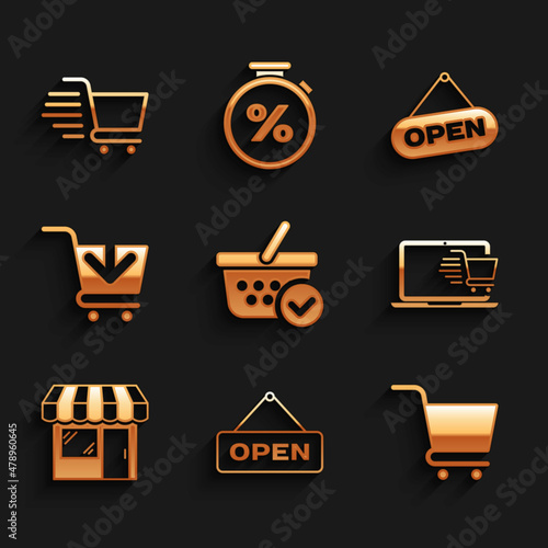 Set Shopping basket with check mark, Hanging sign Open door, cart, on laptop, Market store, Add, and icon. Vector