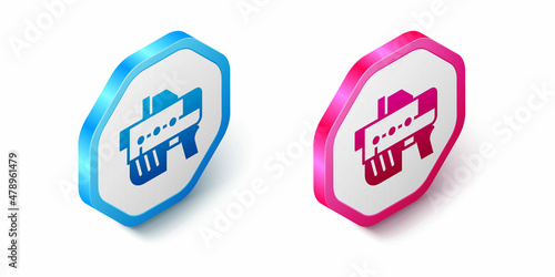 Isometric Futuristic space gun blaster icon isolated on white background. Laser Handgun. Alien Weapon. Hexagon button. Vector