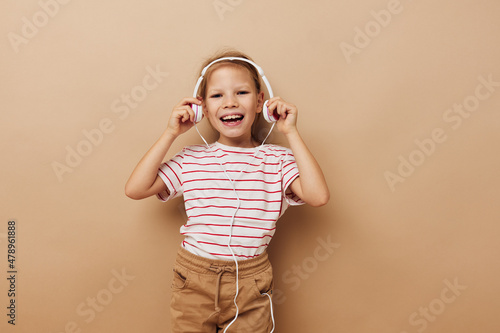cute little girl headphones childhood music fun