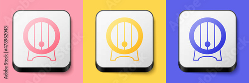 Isometric Wooden barrel on rack with stopcock icon isolated on pink, yellow and blue background. Square button. Vector