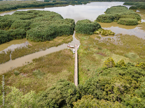 Aerial view showing a small wooden jetty used by indigenous people at Lake Chini. 