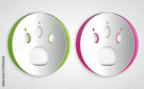 Paper cut Paw search icon isolated on grey background. Magnifying glass with animal footprints. Paper art style. Vector