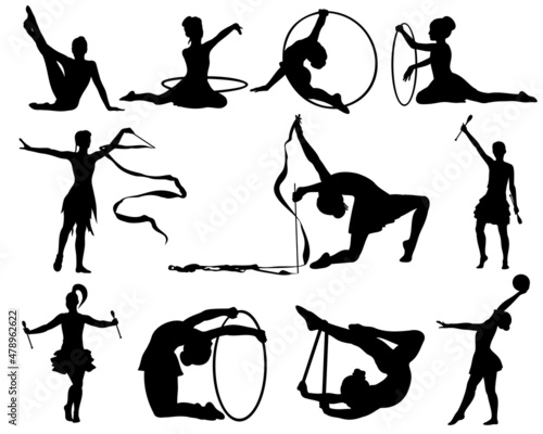 Rhythmic gymnastics. Girl with maces, ball, ribbon, hoop, set of vector silhouettes. 