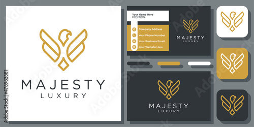 Luxury Simple Eagle Gold Elegant Hawk Wing Fly Falcon Phoenix Logo Design with Business Card Template