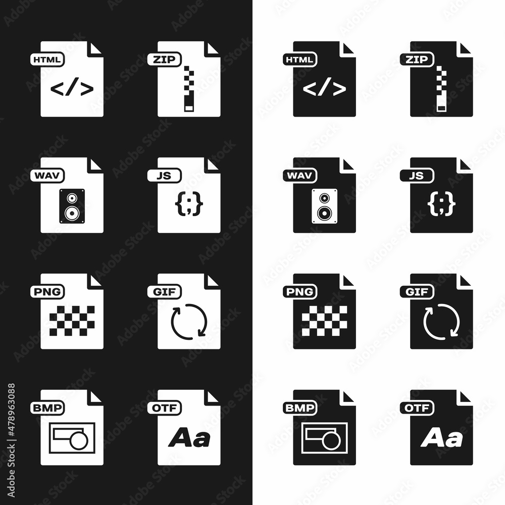 Set JS file document, WAV, HTML, ZIP, PNG, GIF, OTF and BMP icon. Vector Set JS file document, WAV, HTML, ZIP, PNG, GIF, OTF and BMP icon. Vector