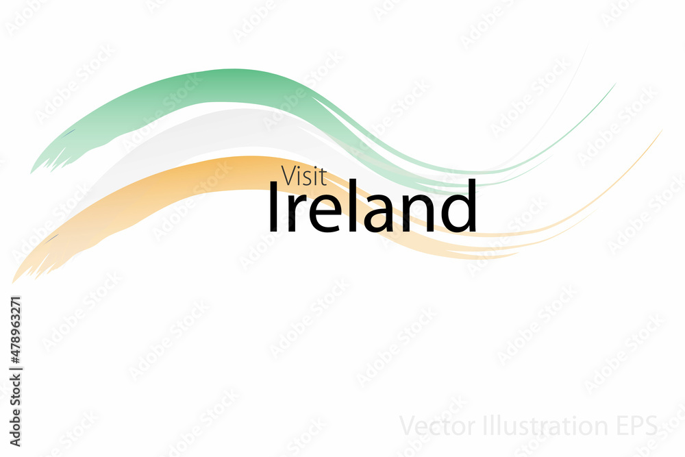 Fototapeta premium the slogan visit Ireland with curved waves in watercolor style which are in the colors of the national flag. Vector Illustration