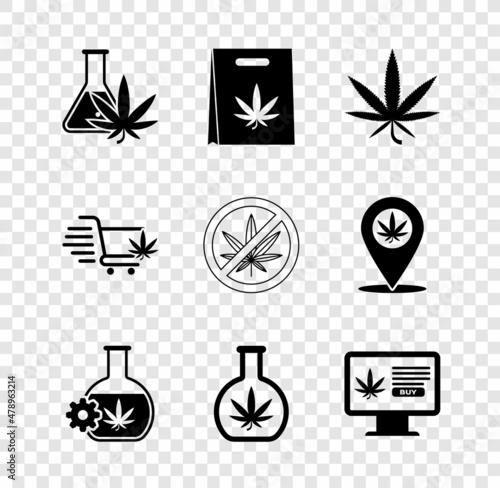 Set Test tube with marijuana, Shopping bag of, Marijuana or cannabis leaf, Online buying, cart and Stop icon. Vector