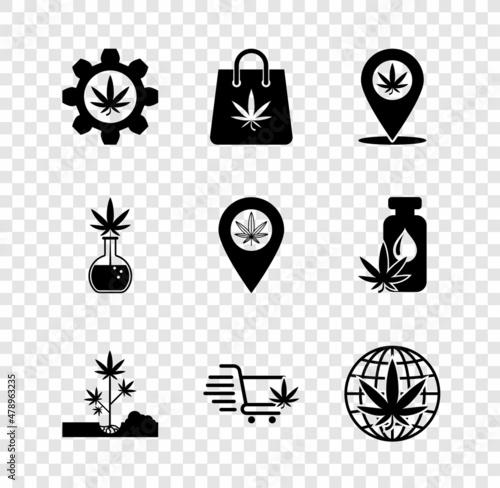 Set Test tube with marijuana, Shopping bag of, Location and, Planting, cart, Legalize, and icon. Vector