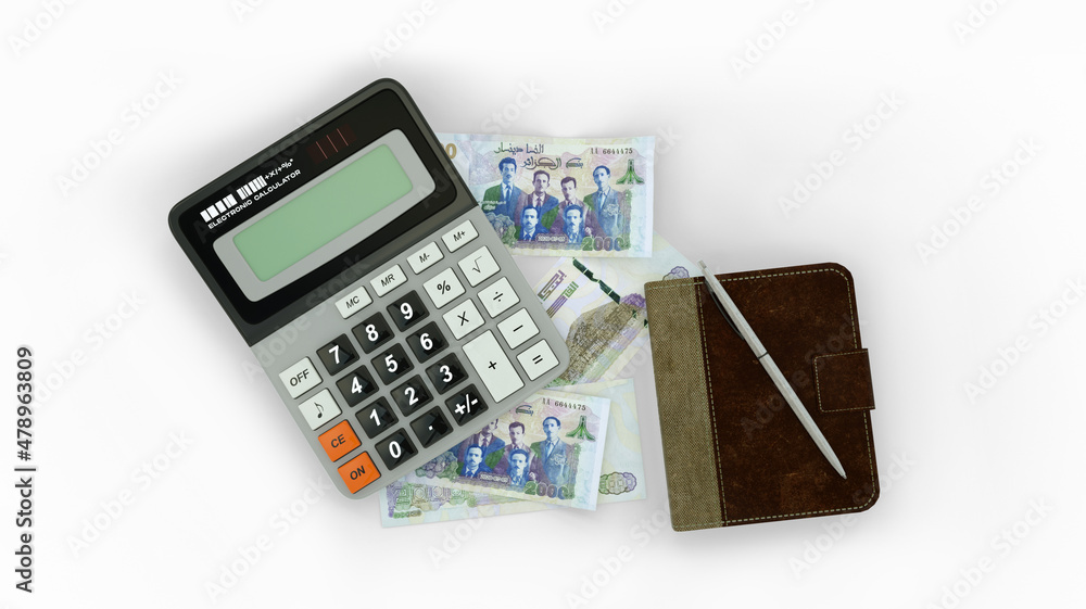 3D rendering of an isolated composition of 2000 Algerian Dinar notes, a calculator, a note book and a pen. top view 3D rendering of an isolated composition of 2000 Algerian Dinar notes, a calculator, a note book and a pen. top view