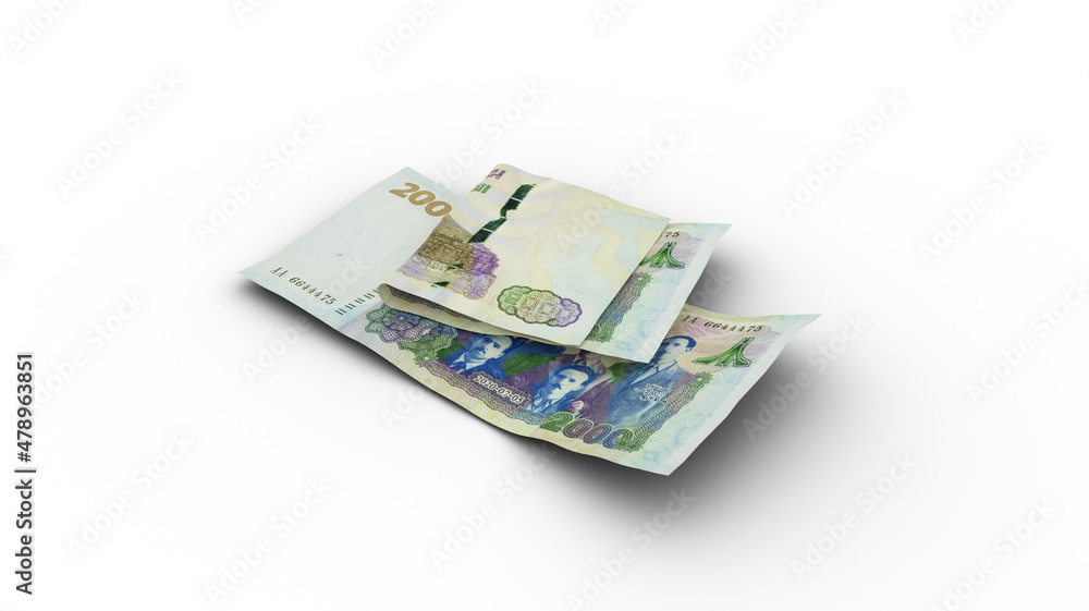 3D rendering of Double 2000 Algerian Dinar notes with shadows on white background