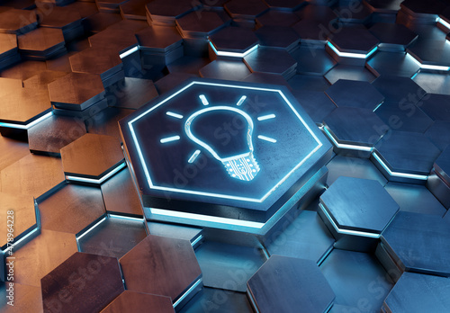 Lightbulb icon creativity concept engraved on metal hexagonal pedestral background. Innovation symbol glowing on abstract digital surface. 3d rendering