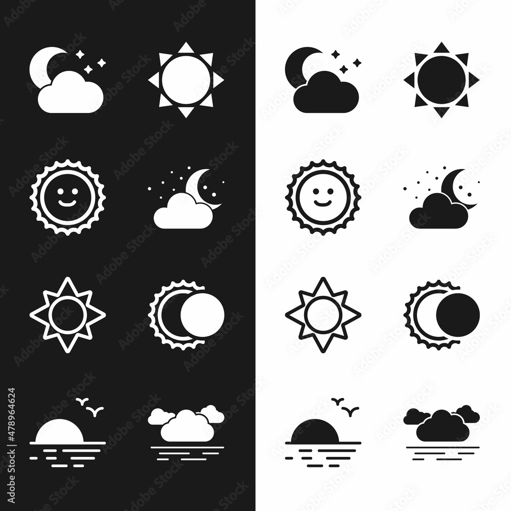 Set Cloud with moon and stars, Sun, Eclipse of the sun, and Sunset icon. Vector Set Cloud with moon and stars, Sun, Eclipse of the sun, and Sunset icon. Vector