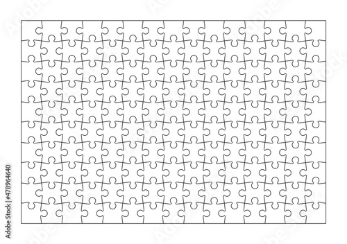 Puzzle pieces set. Jigsaw outline grid. Scheme of thinking game. Modern background with separate shapes. Simple frame tiles. Mosaic silhouette. Cutting template with 150 details. Vector illustration.