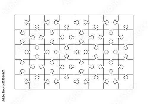 Puzzle pieces set. Jigsaw grid with 40 details. Simple background with mosaic shapes. Scheme for thinking game. Cutting layout. Fun leisure template. Frame empty tiles. Vector illustration.