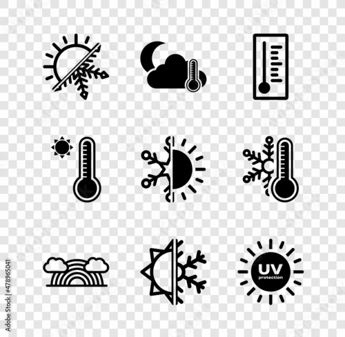 Set Sun and snowflake, Thermometer cloud, moon, Meteorology thermometer, Rainbow with clouds, UV protection, and icon. Vector