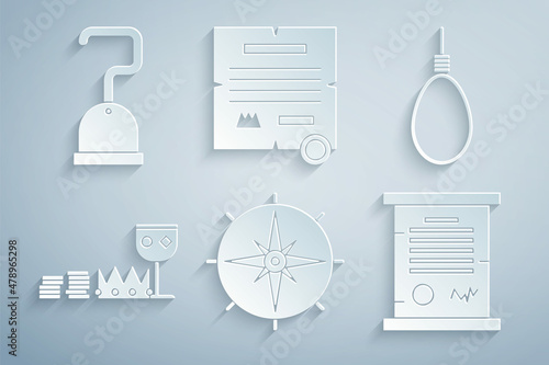 Set Wind rose, Gallows rope loop hanging, Treasure and riches, Decree, parchment, scroll, and Pirate hook icon. Vector