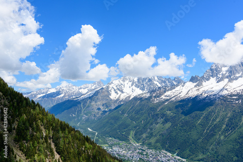 Clouds over the town of Chamonix in the Mont Blanc massif in Europe, France, the Alps, towards Chamonix, in summer, on a sunny day.