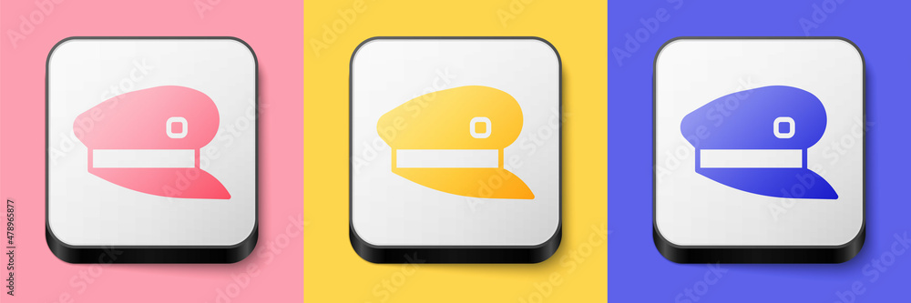 Isometric Train driver hat icon isolated on pink, yellow and blue background. Square button. Vector Isometric Train driver hat icon isolated on pink, yellow and blue background. Square button. Vector
