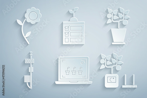 Set Smart farming technology, Plant pot, Standalone sensor, and Flower icon. Vector