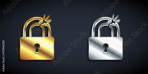 Gold and silver Broken or cracked lock icon isolated on black background. Unlock sign. Long shadow style. Vector