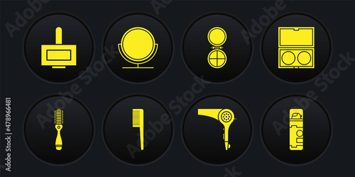 Set Hairbrush, Makeup powder with mirror, dryer, Round makeup, Shaving gel foam and Nail polish bottle icon. Vector