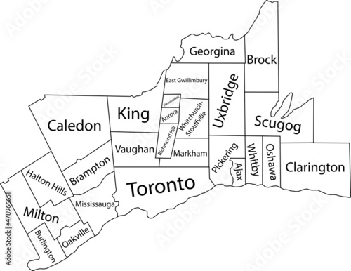 White flat vector administrative map of GREATER TORONTO AREA, ONTARIO, CANADA with black border lines and name tags of its municipalities