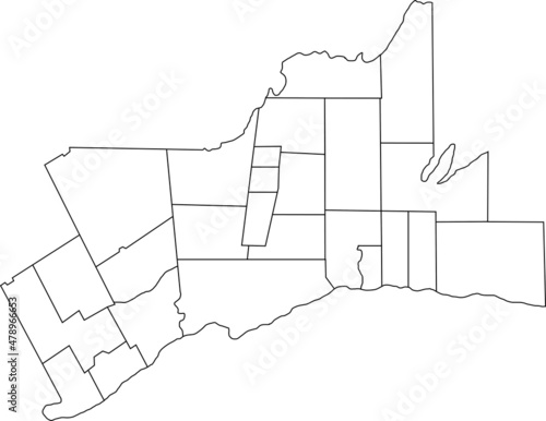 White flat blank vector administrative map of GREATER TORONTO AREA, ONTARIO, CANADA with black border lines of its municipalities