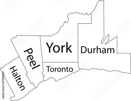 White flat vector administrative map of GREATER TORONTO AREA, ONTARIO, CANADA with black border lines and name tags of its regions